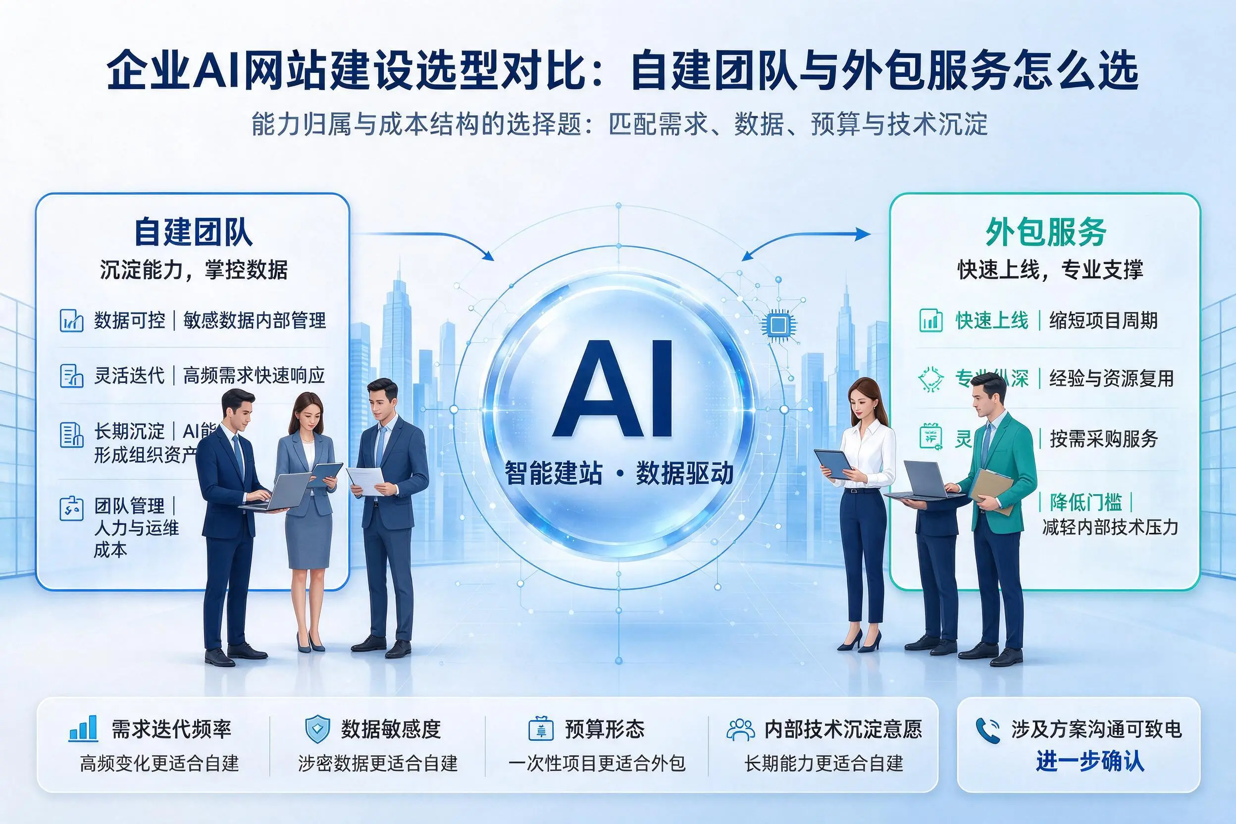 钦州企业AI网站建设选型对比：自建团队与外包服务怎么选